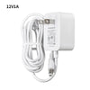 A white 12V power adapter with a cord and plug for DC switching.