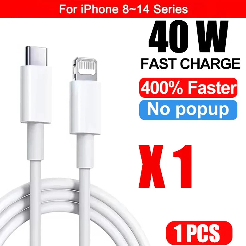 White USB-C to Lightning fast charging cable for iPhone 8-14 series with a 40W power output