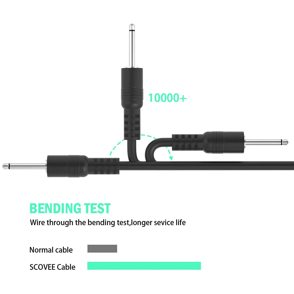 Cable adaptador de carga DC a USB negro mostrado con un montaje de prueba de flexión.