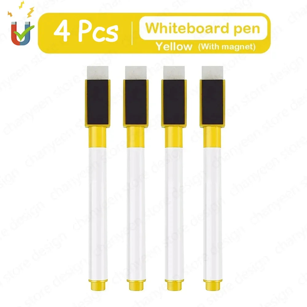 Vier gelbe Whiteboard-Marker mit Magneten enthalten