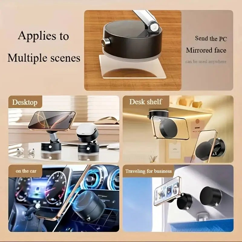 Foldable magnetic phone holder used on a desk, shelf, car, and for mirroring the PC face.