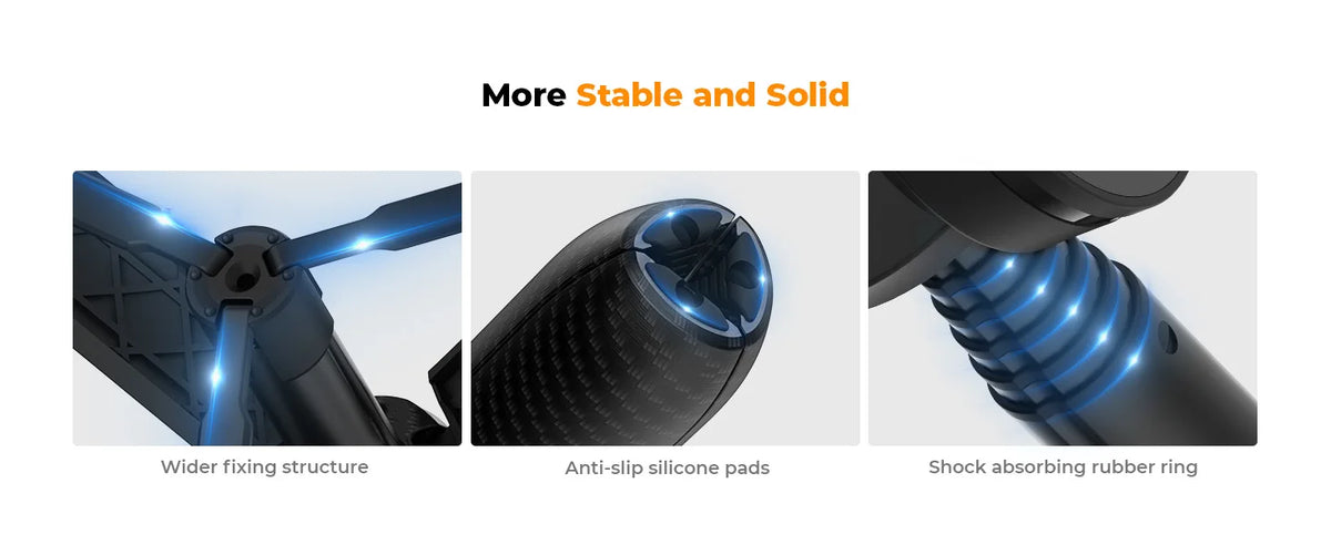 Features include a wider fixing structure, anti-slip silicone pads, and a shock absorbing rubber ring on the magnetic selfie 