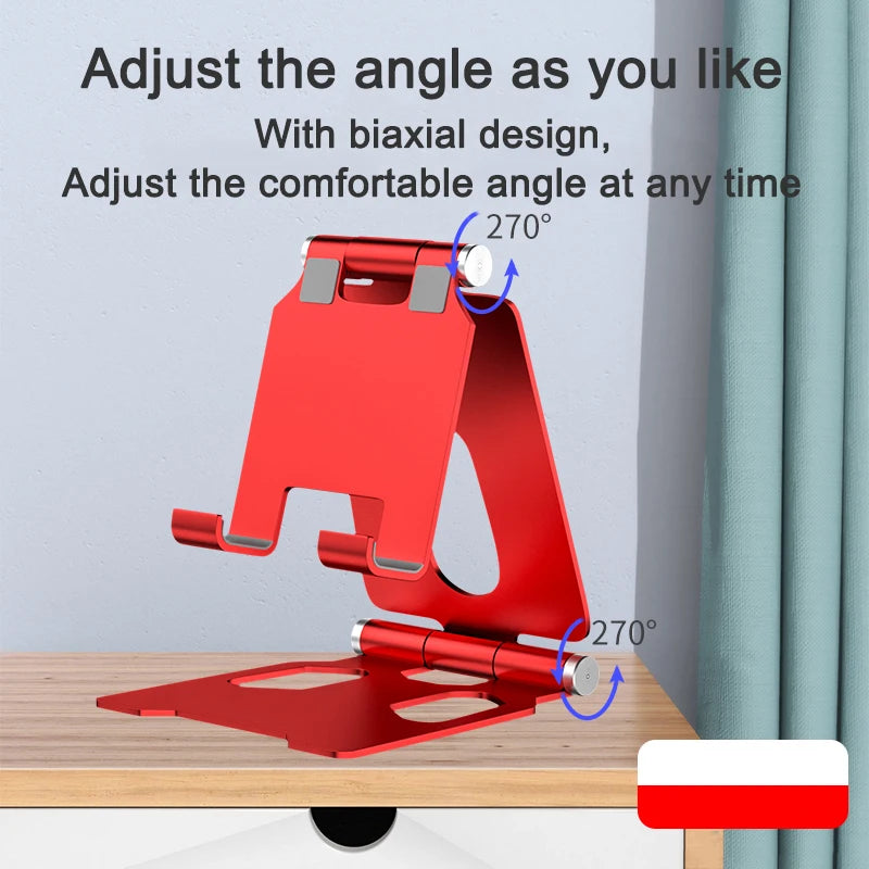 Support de téléphone portable rouge en métal, ajustable à plusieurs angles.