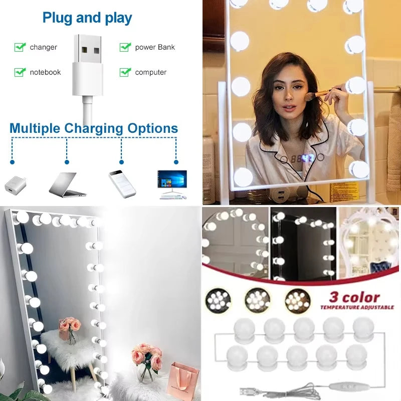LED vanity mirror with motion sensor showing multiple charging options and plug and play features