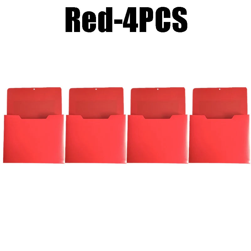 Four red wall mount magnetic document file holders.