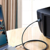 A black USB-C to USB-B printer cable is shown connected to a laptop, with a printer visible in the background.