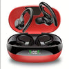 A pair of black wireless Bluetooth earbuds with microphones shown in a red charging case.