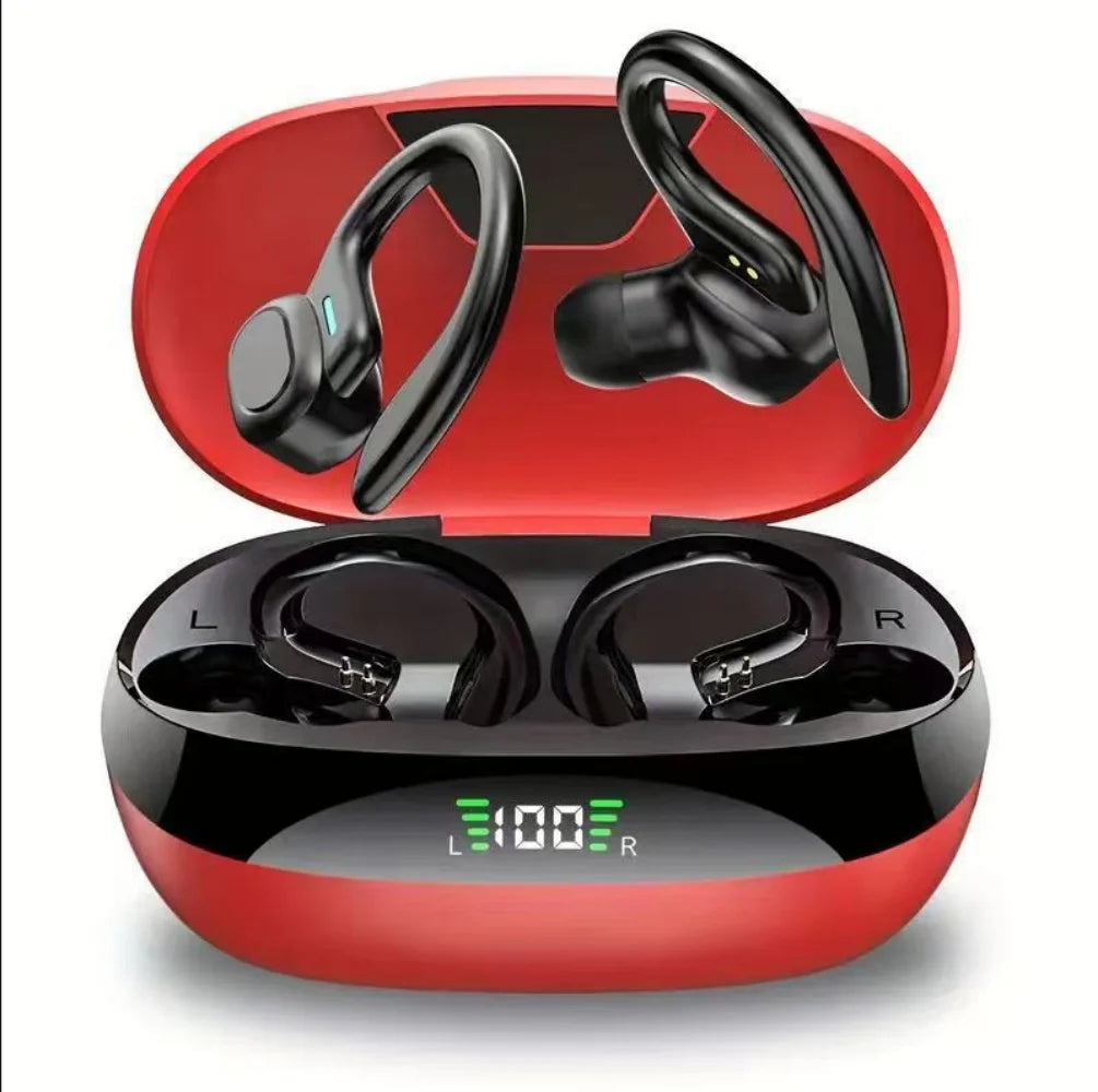 A pair of black wireless Bluetooth earbuds with microphones shown in a red charging case.