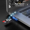 A close-up of a Universal Type-C to Micro-SD Card Reader device plugged into a laptop port, highlighting high-speed transmiss