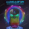Honeycomb RGB gaming mouse showing 6 levels of DPI settings around the product