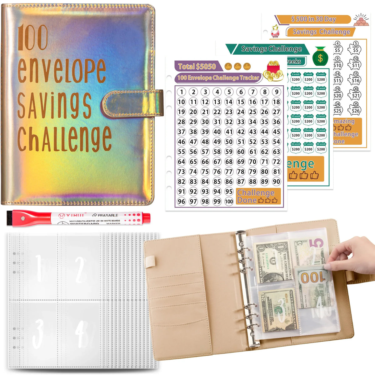 Lederumschlag-Spar-Challenge-Set mit Tracker, Geldhüllen und Budget-Ordner.