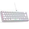 A white 68-key wired gaming keyboard with RGB backlight and a detachable white cable.