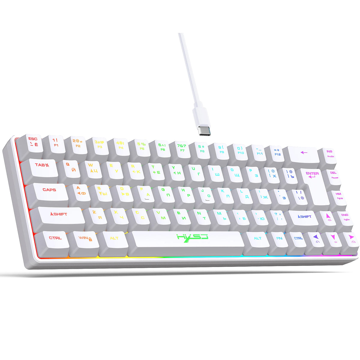 A white 68-key wired gaming keyboard with RGB backlight and a detachable white cable.
