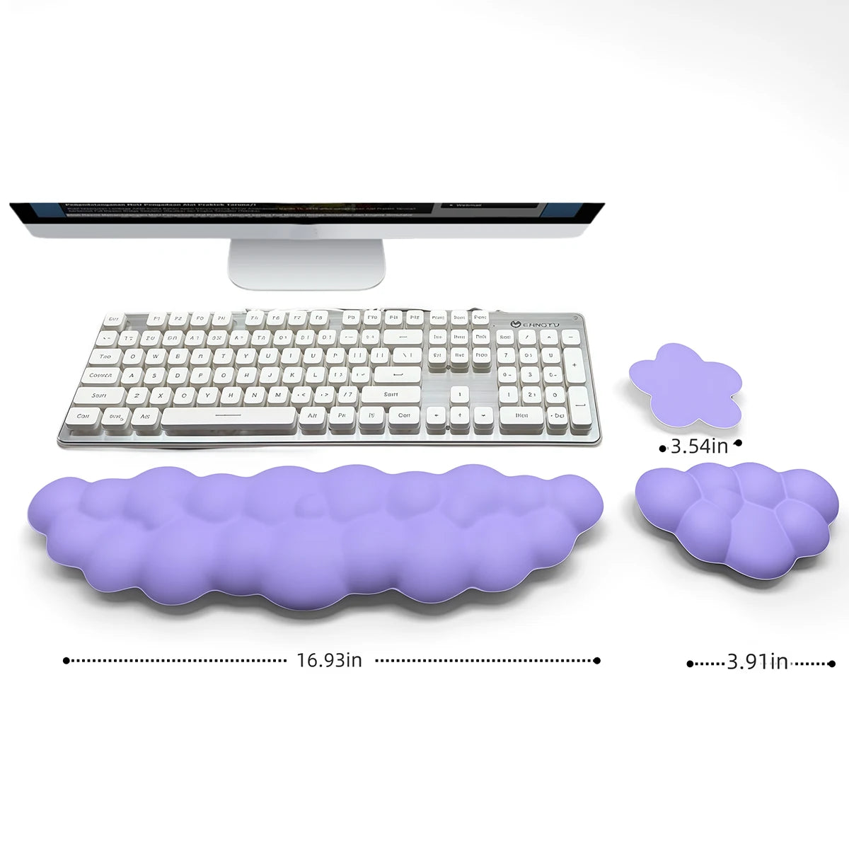 Un ensemble de trois repose-poignets en forme de nuages violets et un clavier assorti.