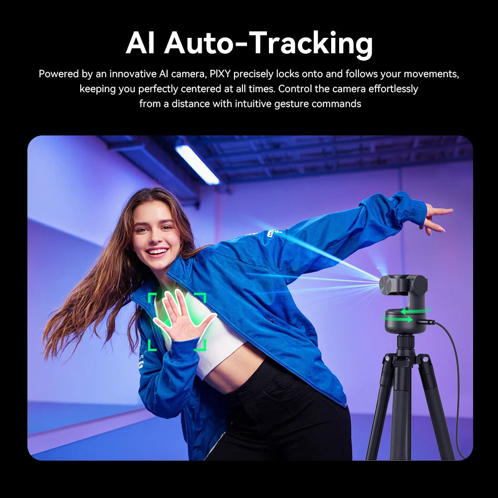 A young woman wearing a blue jacket smiles while demonstrating AI auto-tracking with a camera setup.