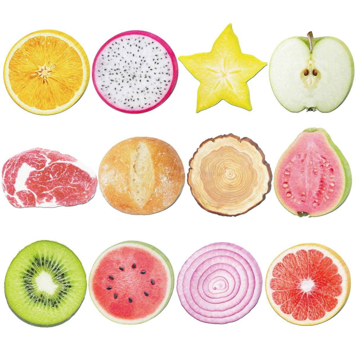 A collection of various fruits including orange slices, kiwi, watermelon, grapefruit, and a star-shaped citrus slice.