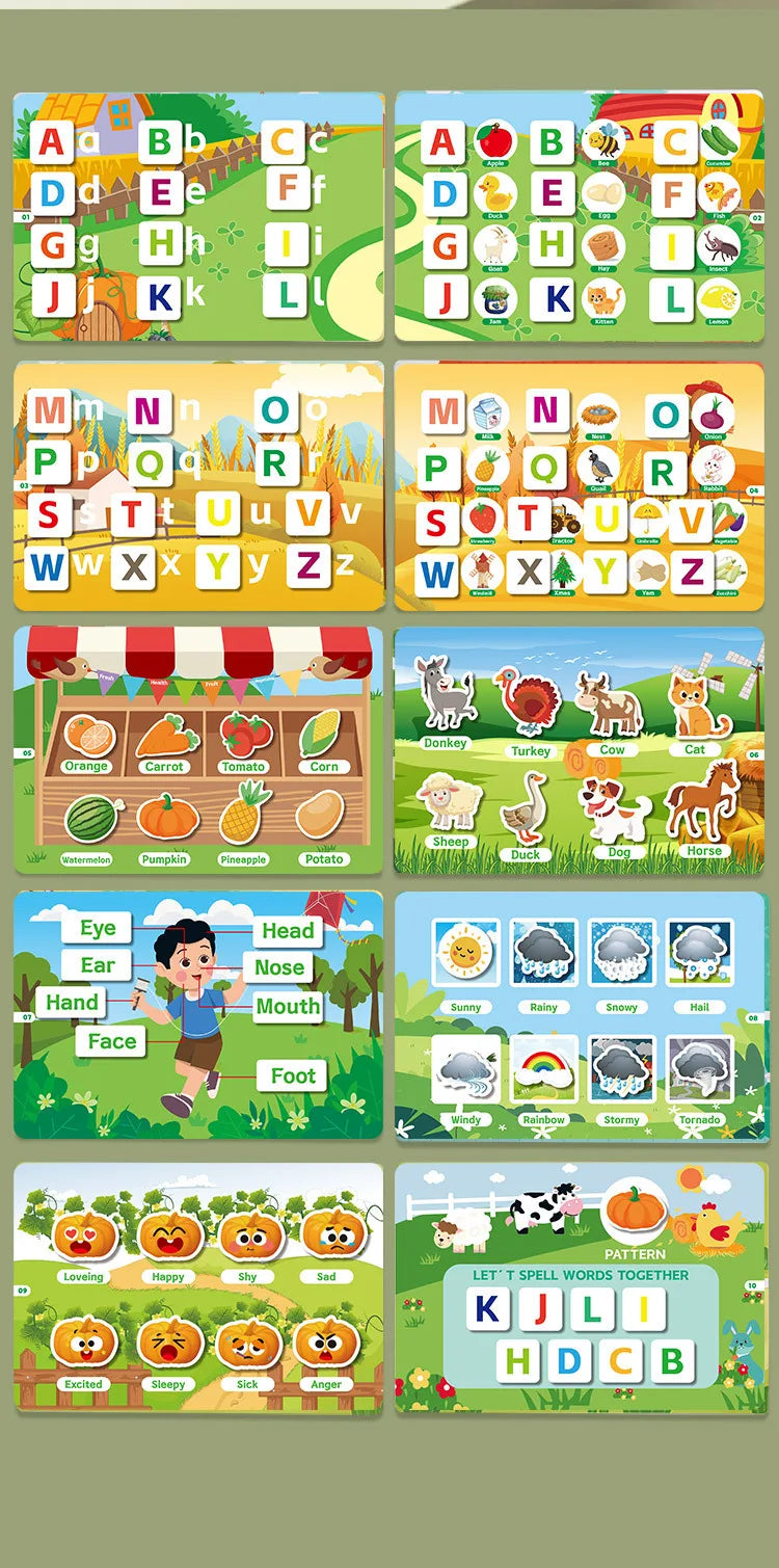 A colorful reusable sticker activity book featuring alphabet letters, animals, and various objects for toddlers.