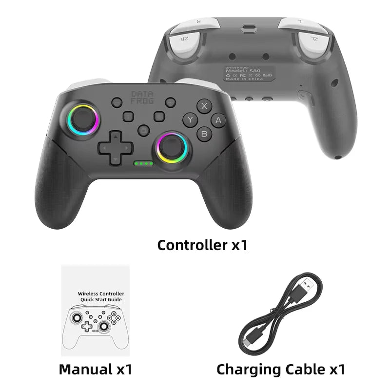 A black programmable controller for Nintendo Switch shown with its manual and charging cable.