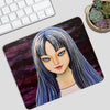 A digital illustration of a female character with long blue hair and intense eyes on a mouse pad.