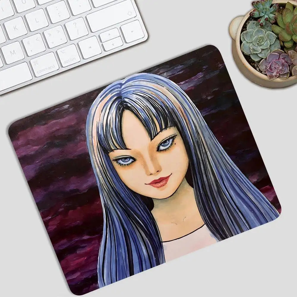 A digital illustration of a female character with long blue hair and intense eyes on a mouse pad.