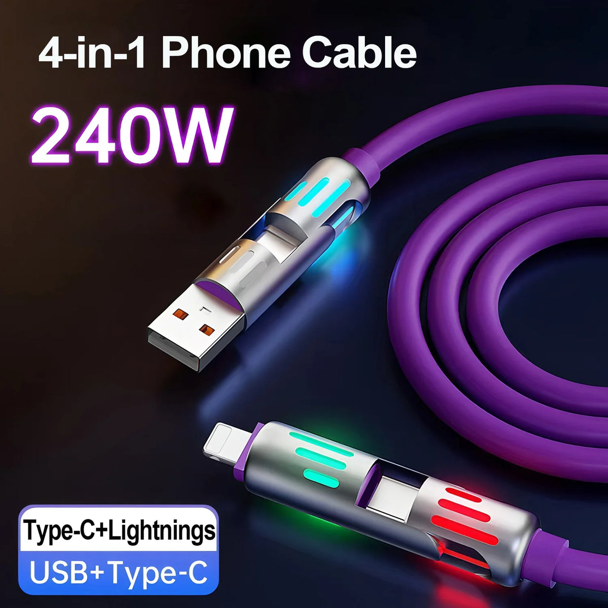 A 4-in-1 phone cable featuring USB and Type-C connectors, shown in purple and silver, with glowing blue and red accents.