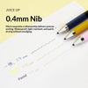 A set of Pilot Juice Up 0.4mm nib gel pens in blue, yellow, and pink writing on white paper.