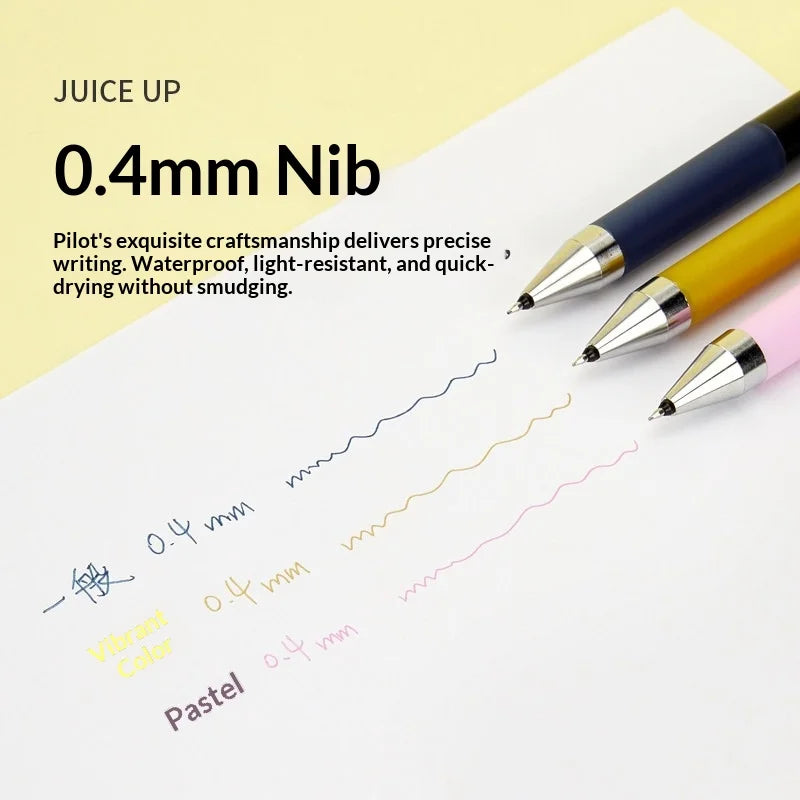 A set of Pilot Juice Up 0.4mm nib gel pens in blue, yellow, and pink writing on white paper.