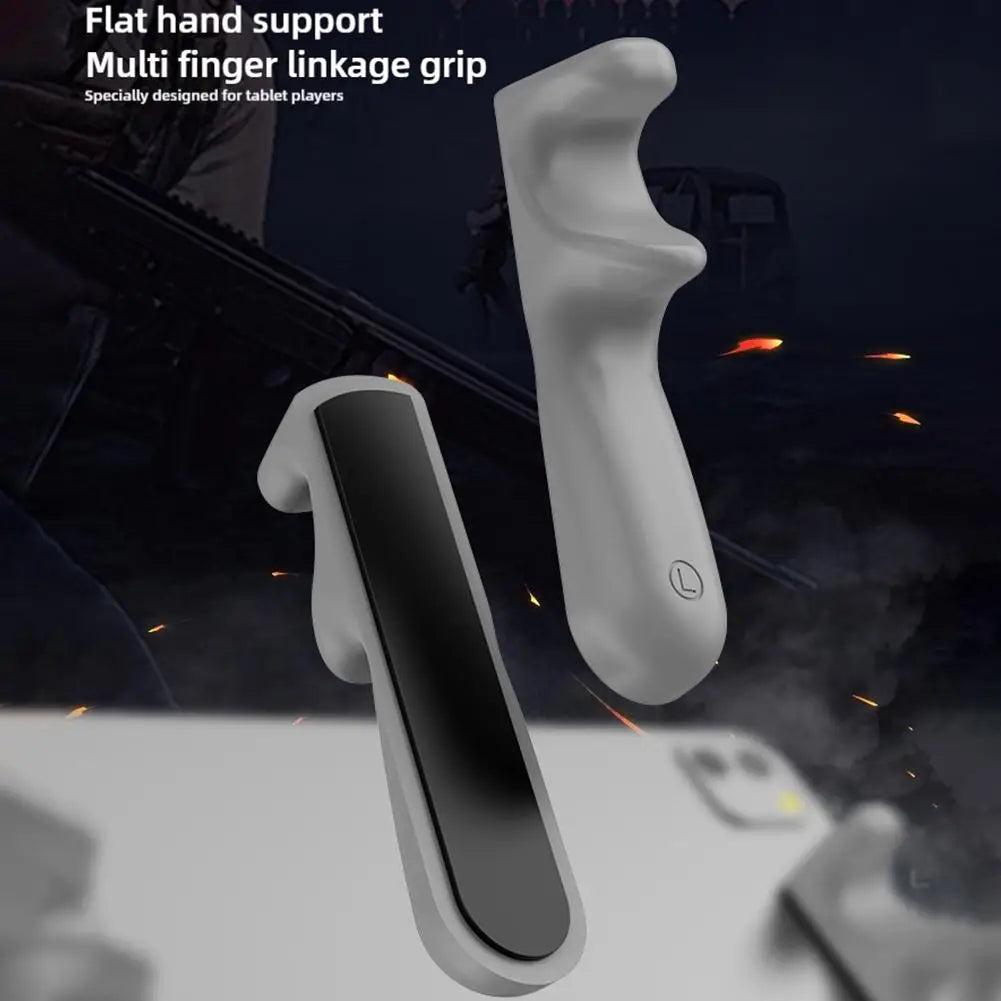 A gray silicone multi finger linkage grip designed for tablet players shown in various angles.