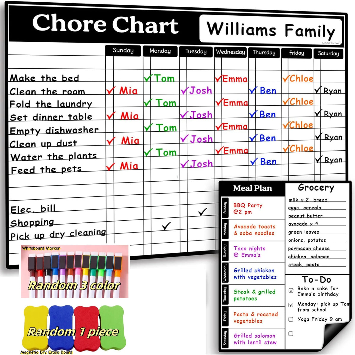 A magnetic chore chart dry erase whiteboard set featuring a chore chart, a random 3 color piece, and a random 1 piece.