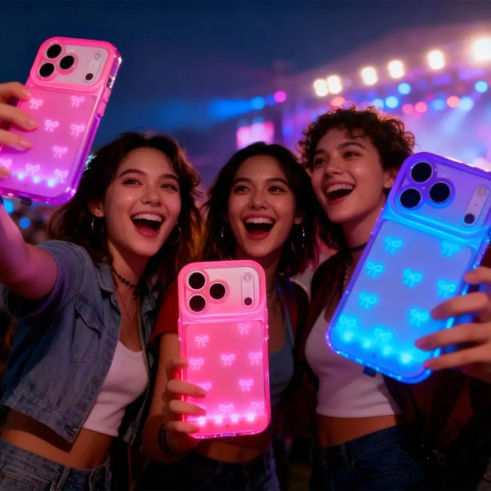 Three young women holding glowing pink and blue LED bowknot cases for iPhones in a nighttime setting.