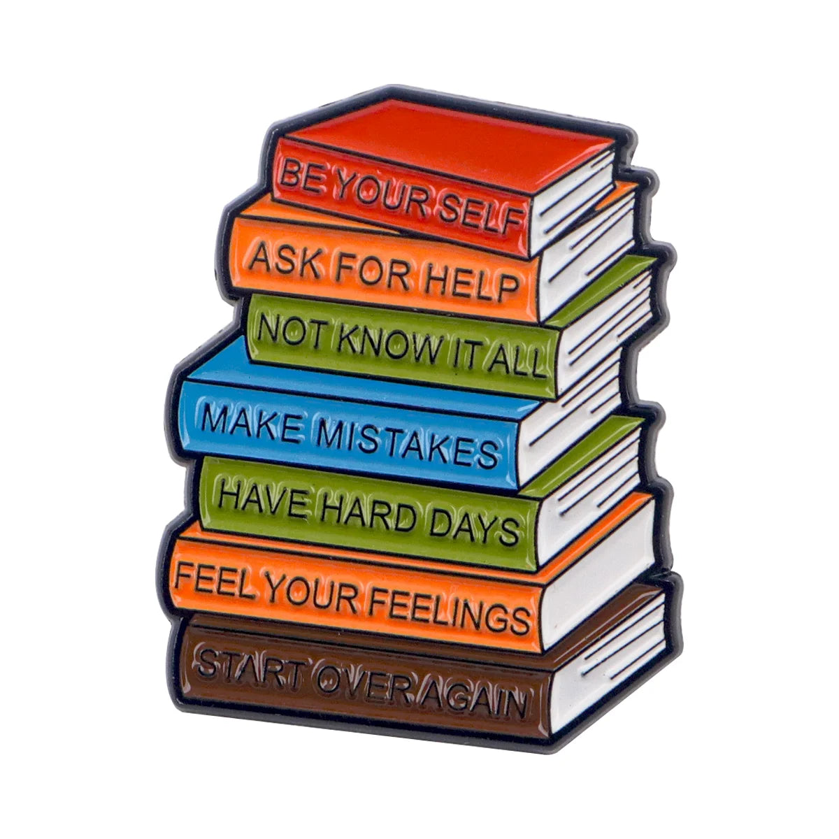 An enamel lapel pin shaped like a stack of seven books with motivational phrases on each one.