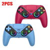 Two RGB wireless gaming controllers, one pink and one blue, shown side by side.