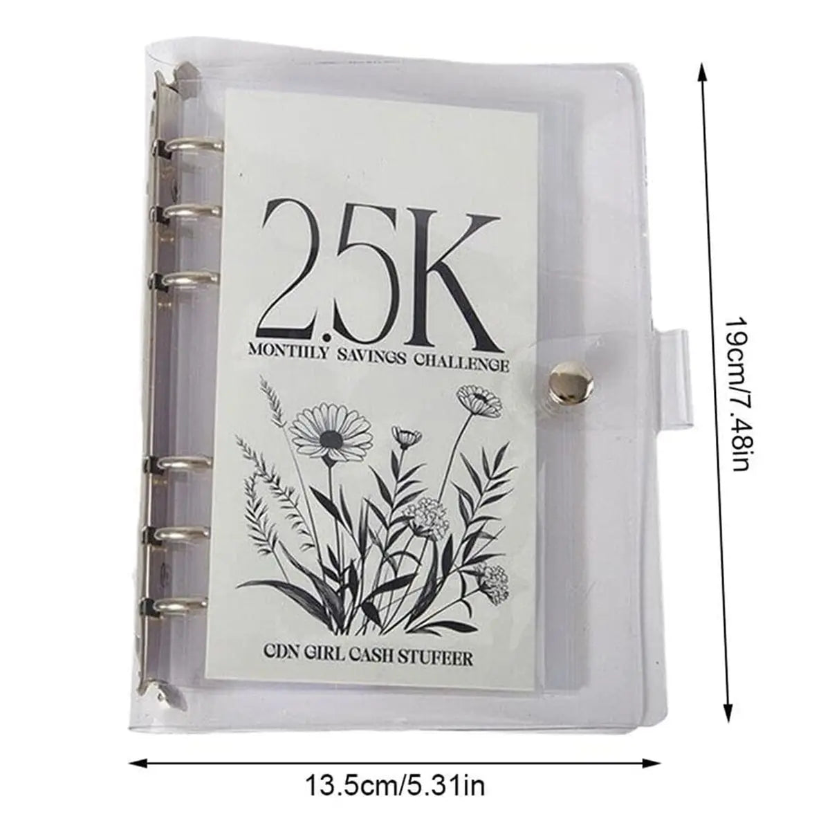A clear plastic money clip featuring the text 25K Monthly Savings Challenge and CDN Girl Cash Stuffer.