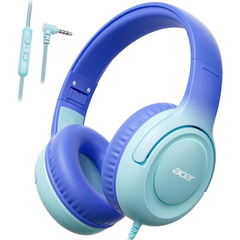 A pair of light blue Acer wired headphones with a purple accent, shown against a white background.