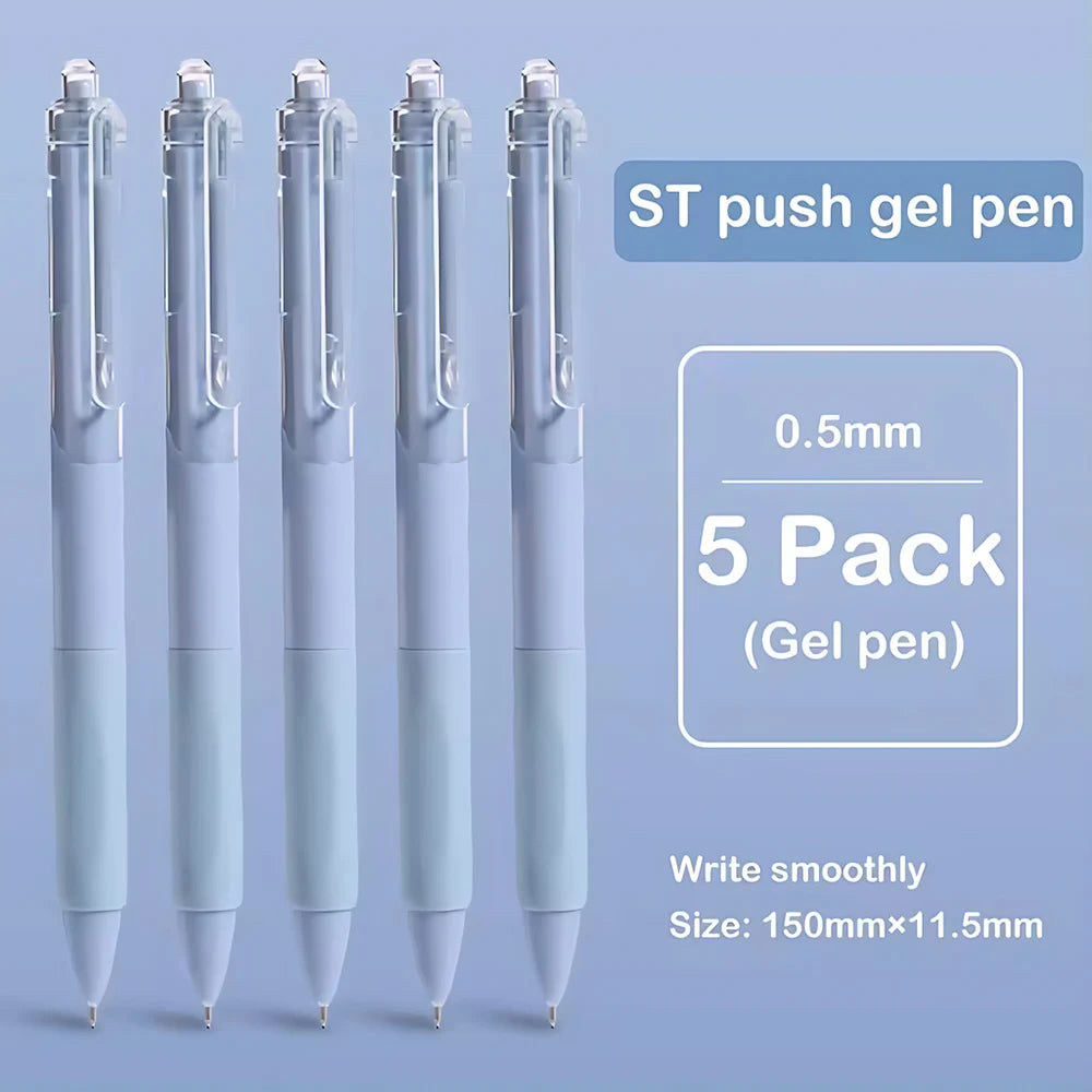 A set of five ST push gel pens in light blue packaging and white bodies, showing the pen size and quantity.