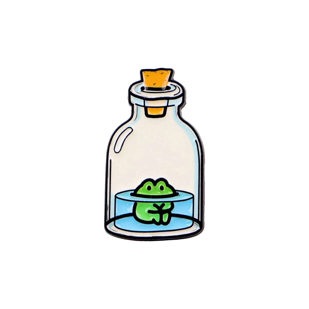 An enamel pin featuring a green frog swimming in a glass bottle with an orange stopper.