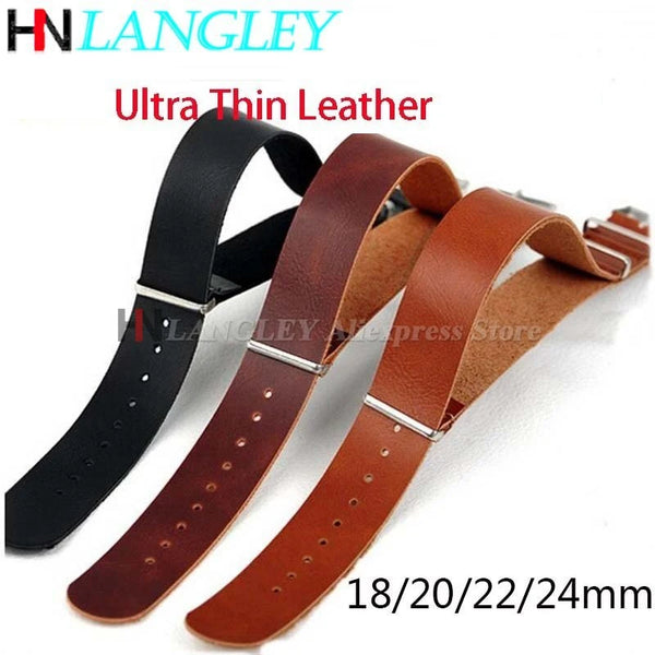 Ultra Thin Leather watch strap in black and brown colors shown for sale