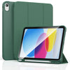 A green protective case for an iPad is shown, featuring a slim design and a matching folio cover.