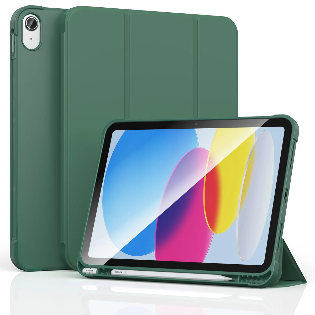 A green protective case for an iPad is shown, featuring a slim design and a matching folio cover.