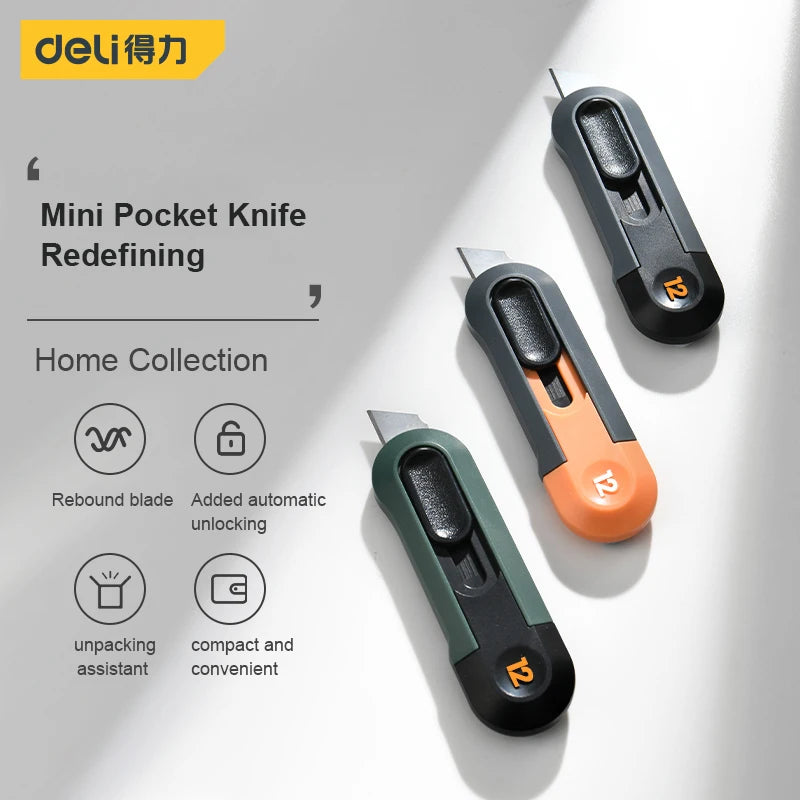 A collection of black and orange mini pocket knives displayed on a white background.