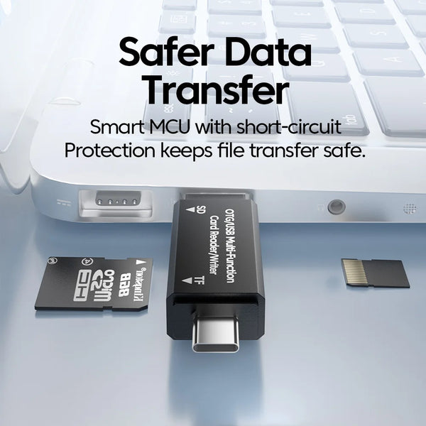 A black card reader adapter is shown next to a laptop, illustrating safer data transfer.