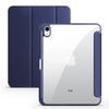 A silver iPad is shown next to a dark blue protective case.