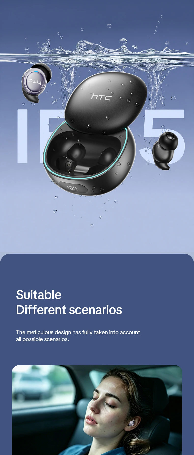 A pair of black HTC invisible sleep earbuds floating in water, shown against a blue background.