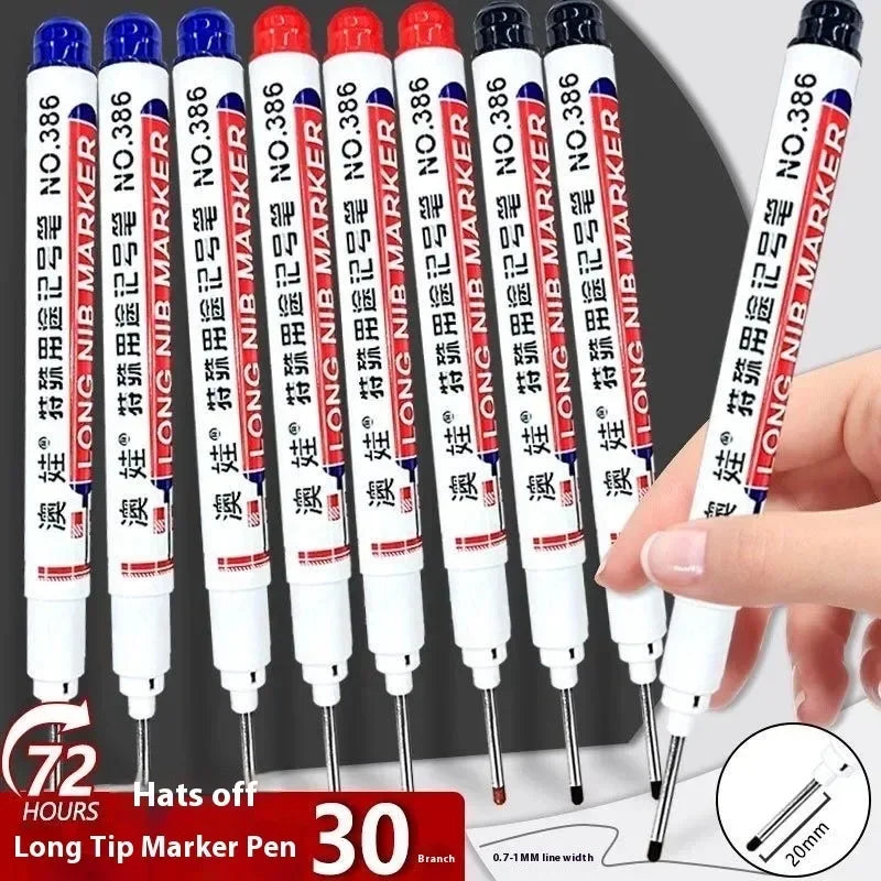 A hand holds a Long Tip Marker Pen with red and white barrel, used for marking metal or wood.