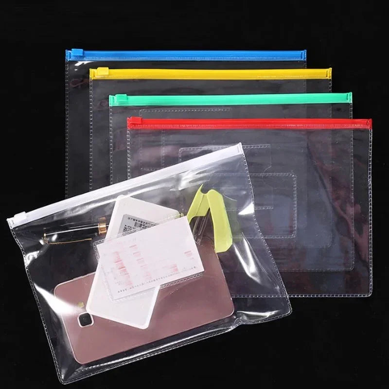 A set of nine transparent plastic document file organizer bags in various colors stacked on a black background.