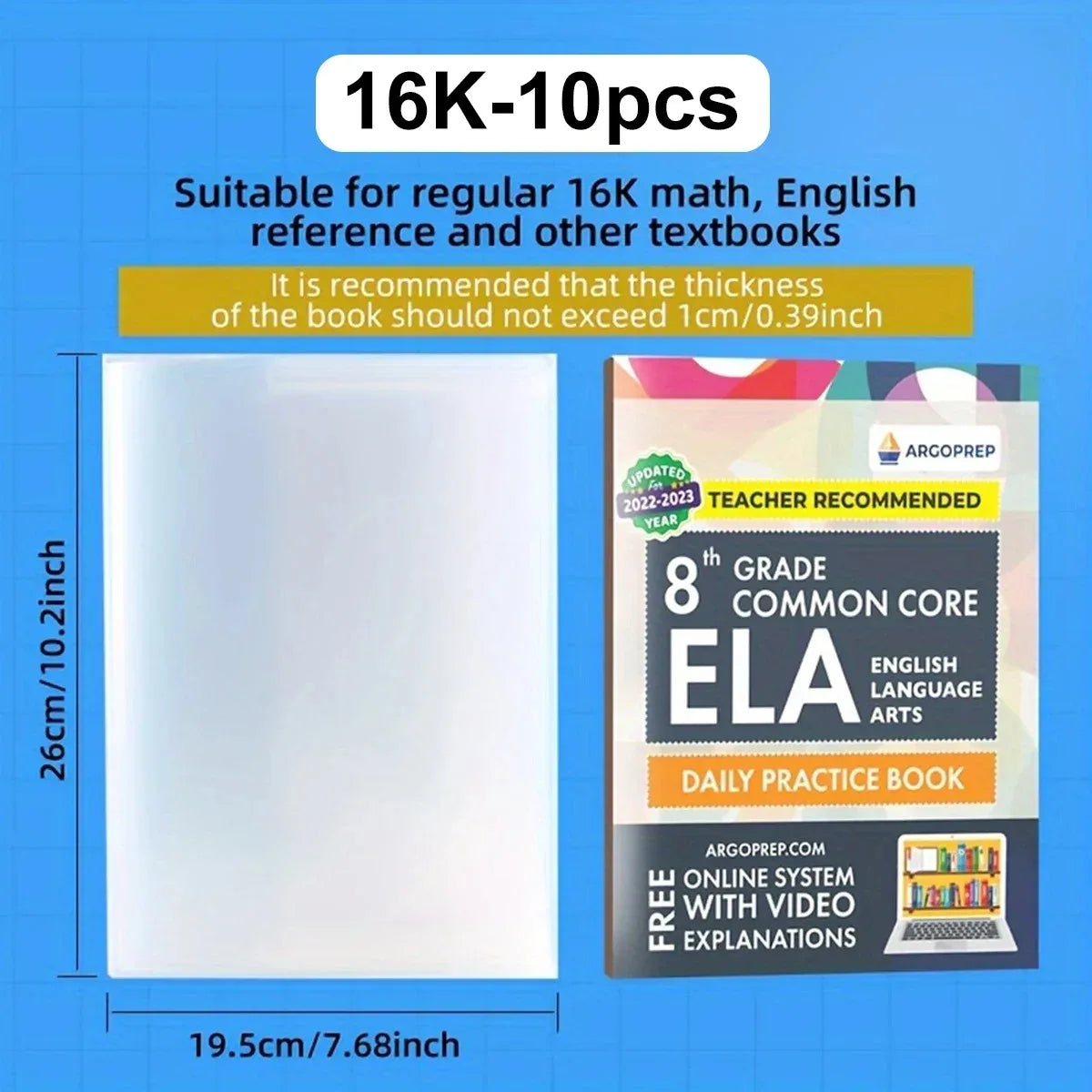 Cubierta protectora transparente para libro de texto, mostrando dimensiones y idoneidad para material de referencia de matemá