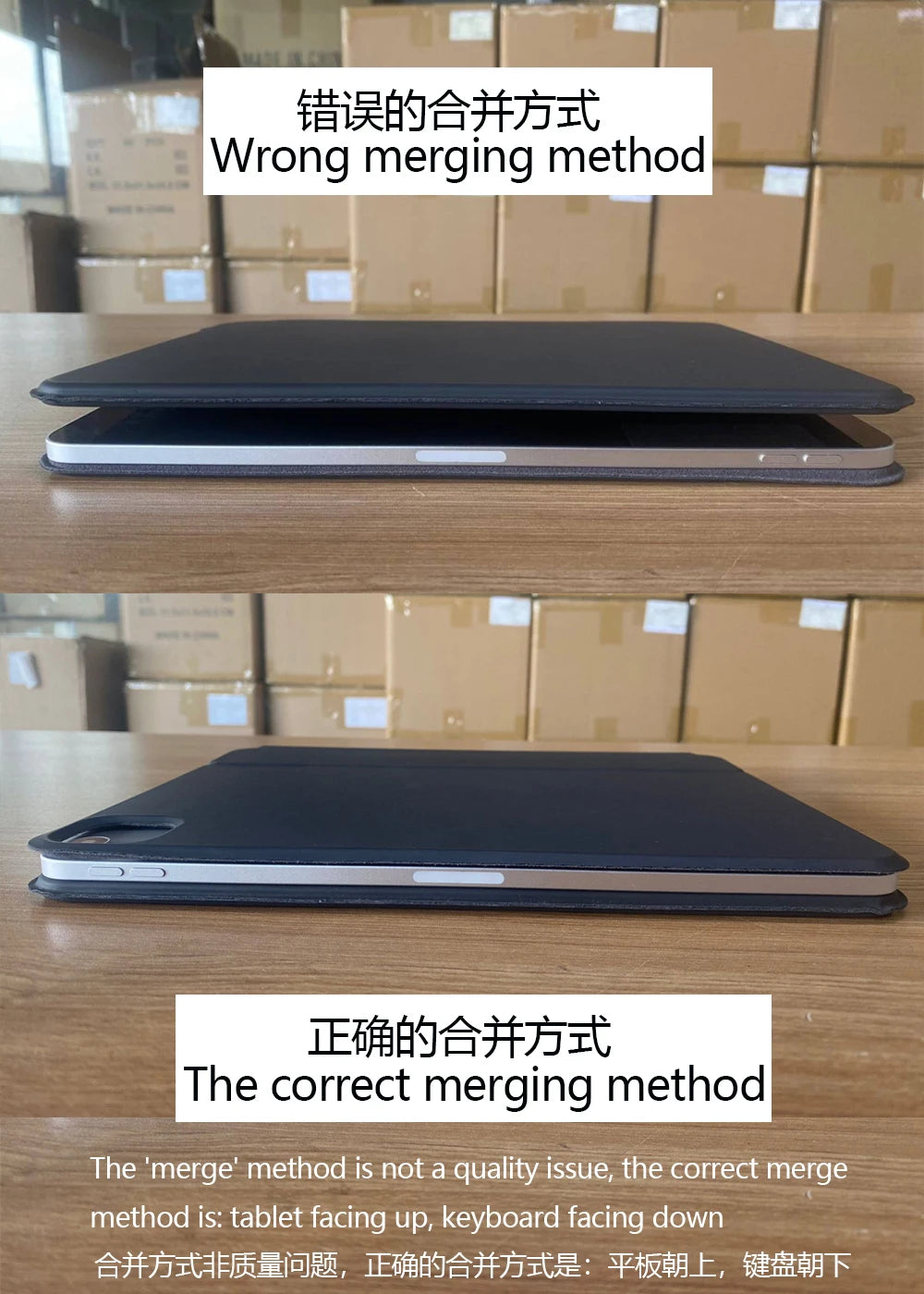 A black Magic Keyboard Cover is shown in two configurations: a wrong merging method and the correct merging method.