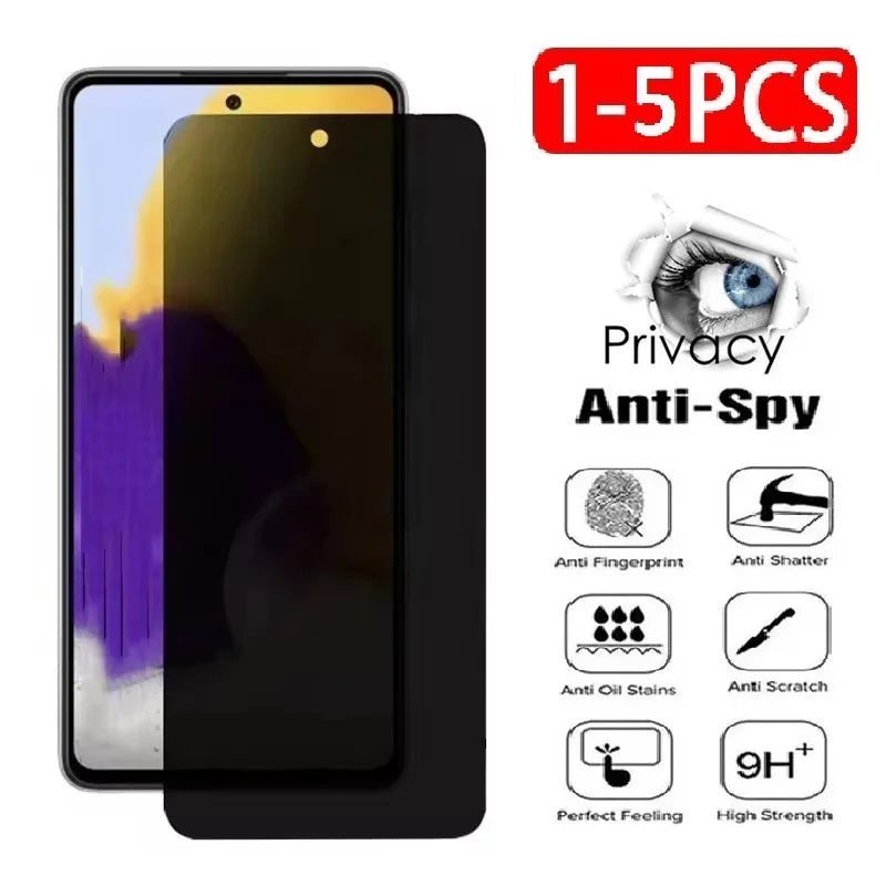 A black smartphone with a clear screen protector and various anti-spy features listed.