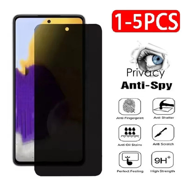 A black smartphone with a clear screen protector and various anti-spy features listed.