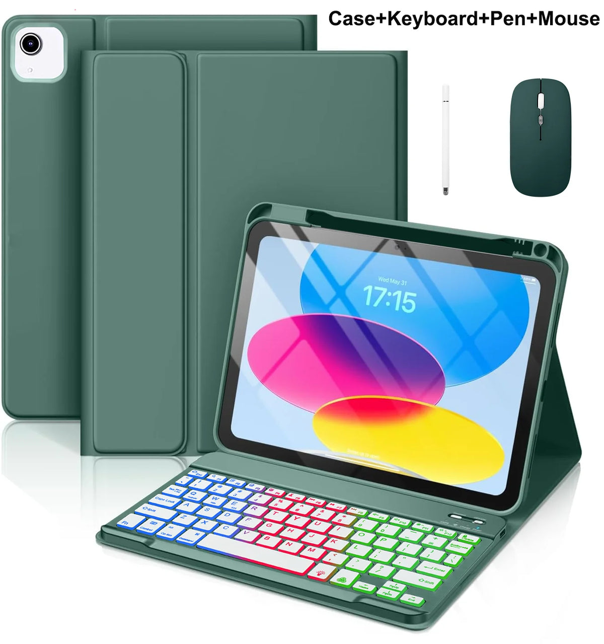 A green case for an iPad showing a keyboard, pen, and mouse included.